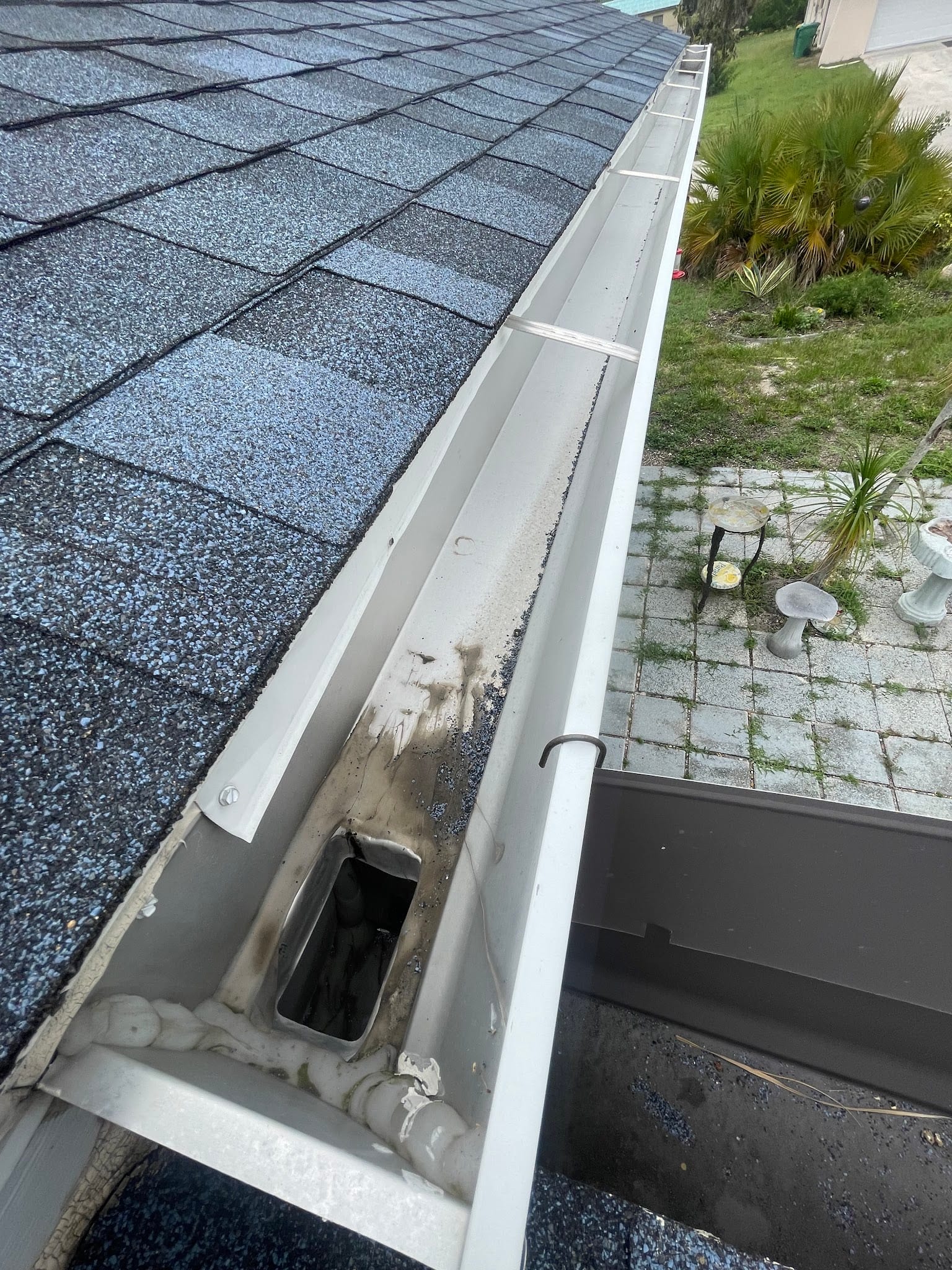 Damaged white gutter with corroded downspout outlet on shingle roof